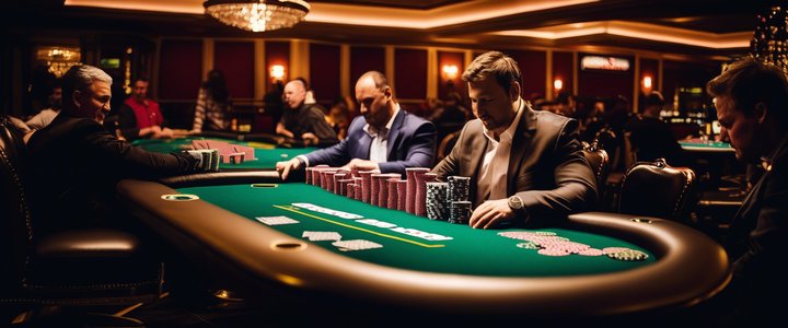 Poker player at table, stacking chips during WSOP tournament.