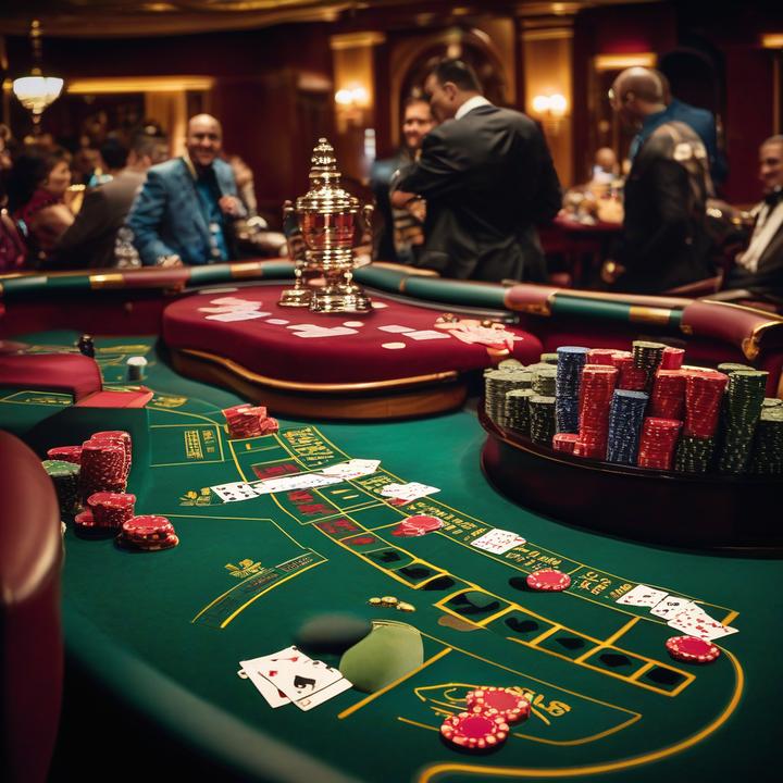 Poker players competing at a tournament table with chips and cards.
