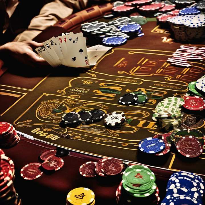 Poker player at a tournament table, focusing on a hand of cards.