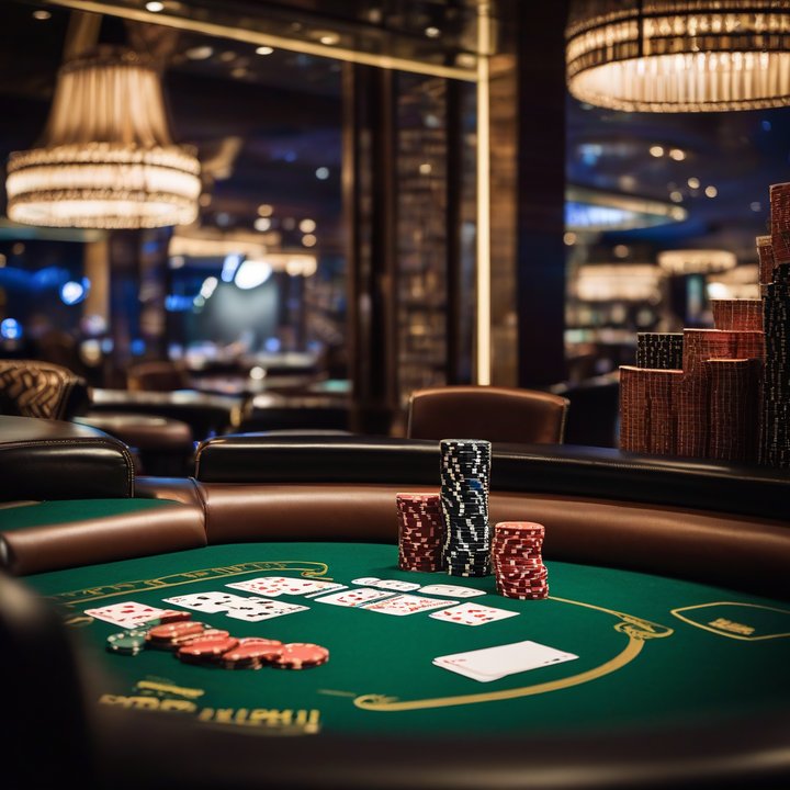 Poker player at table with chips and cards in a tournament setting