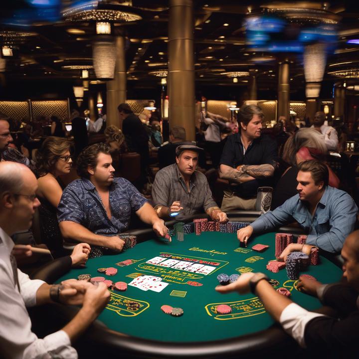 Poker player intensely folding hand at a crowded tournament table.