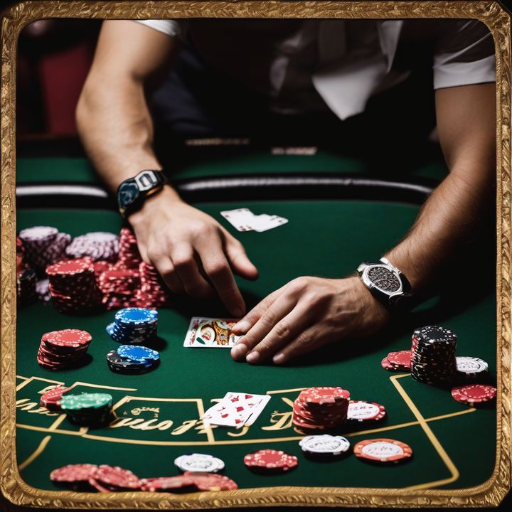 Poker player making a move with a short stack of chips.