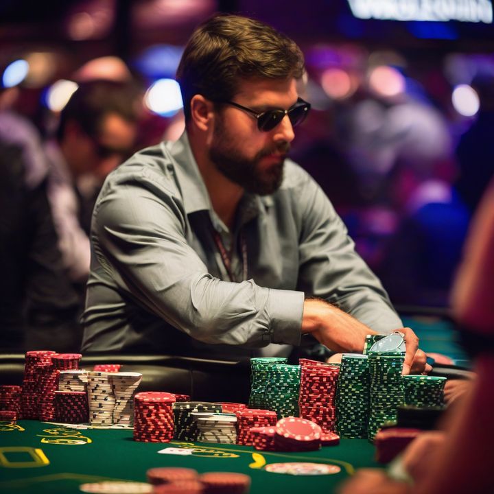 Poker player making intense call at WSOP Main Event table.