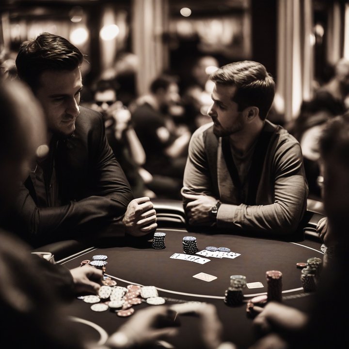 Poker player reacts to winning hand at tournament table.