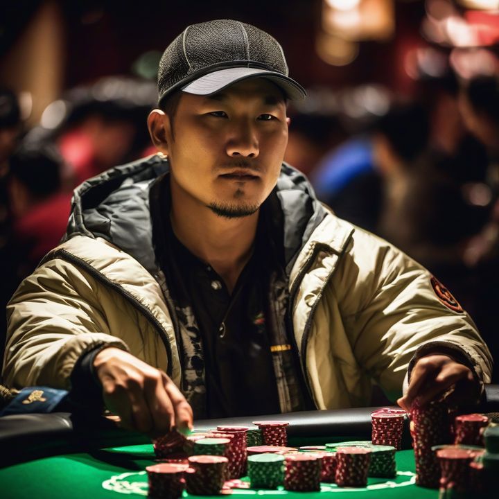 Qinghai Pan holds championship trophy and cash prize after winning poker tournament.