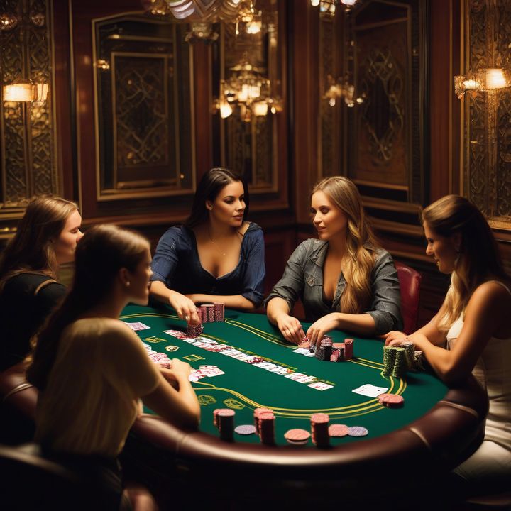 Female poker player competing at a tournament table with other women.