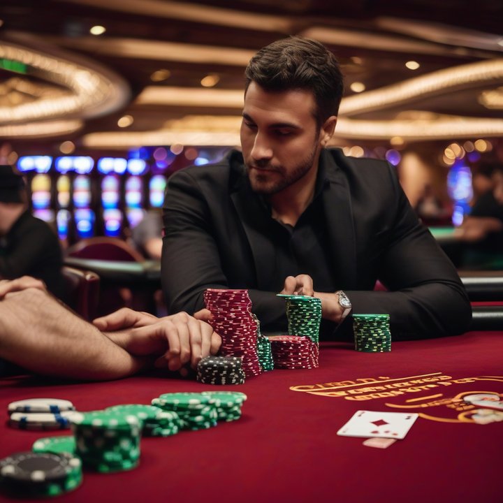 Poker player competing in a high-stakes online tournament, looking stressed.
