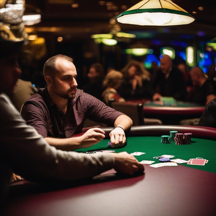Poker player reacts to losing a large sum of money at a tournament table.