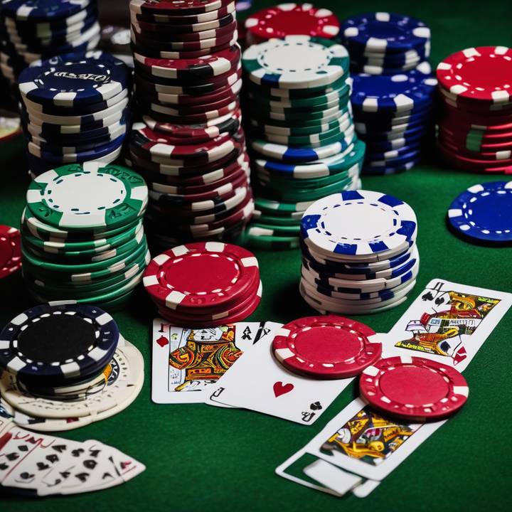 Poker players competing at a table with chips and cards.