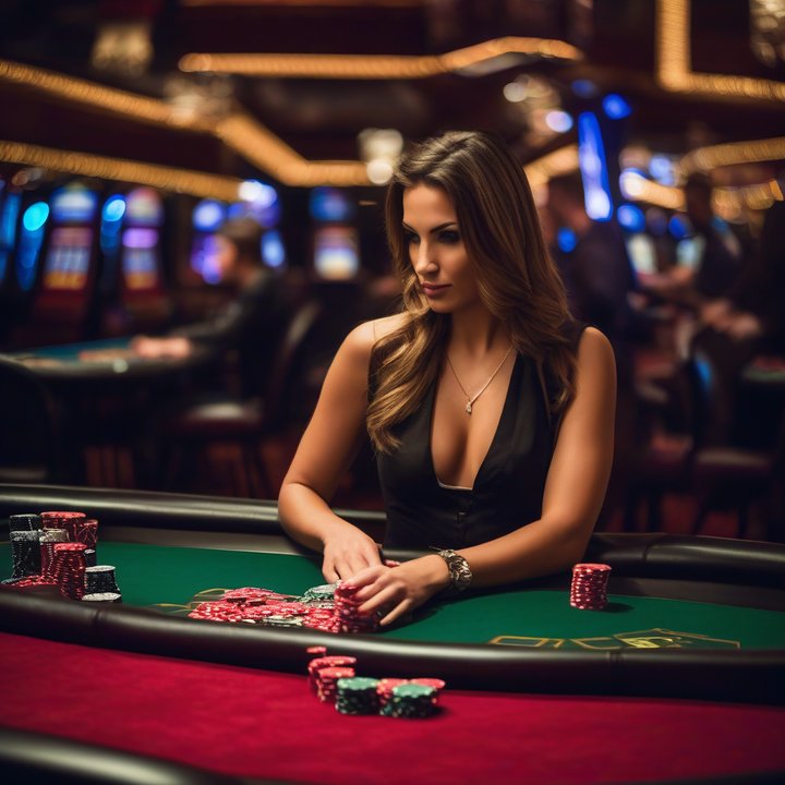 Female poker player concentrating at a tournament table.