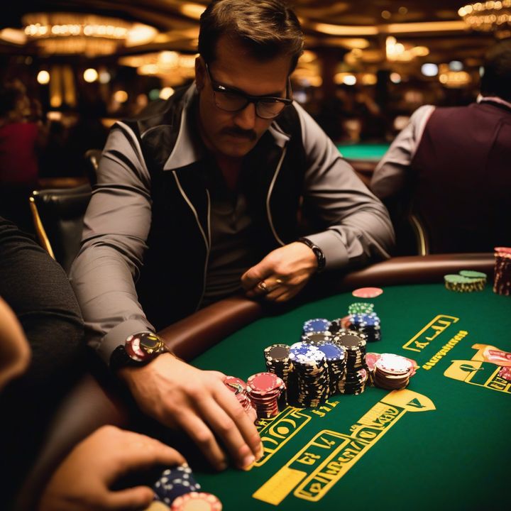 Online poker player sits at computer, reacting to screen with concerned expression.