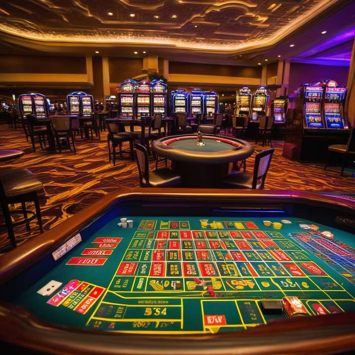 Slot machine display with spinning reels and jackpot prizes visible.
